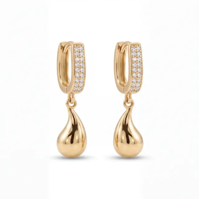 14 K Taşlı U Damla Sallantılı Küpe