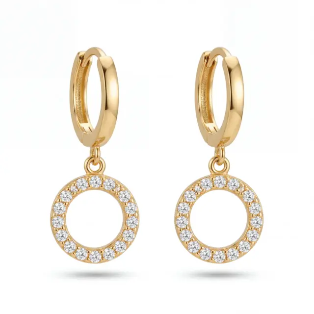 14 K Taşlı Çember Sallantılı Küpe