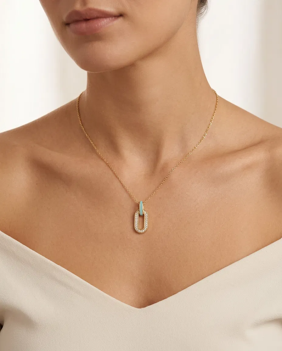 14 K Turkuaz Oval Kolye
