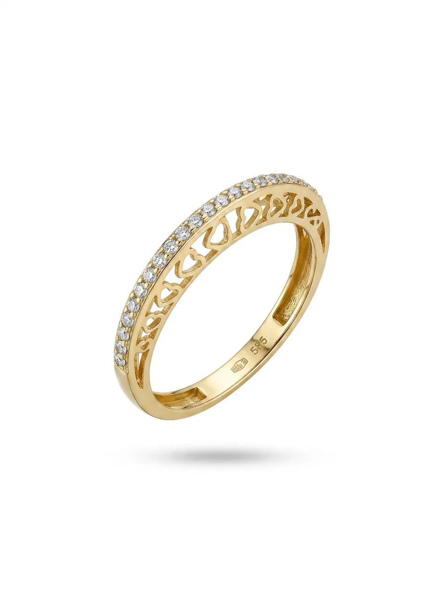 14 K Yükseltili Kalp Detaylı Taşlı Yüzük