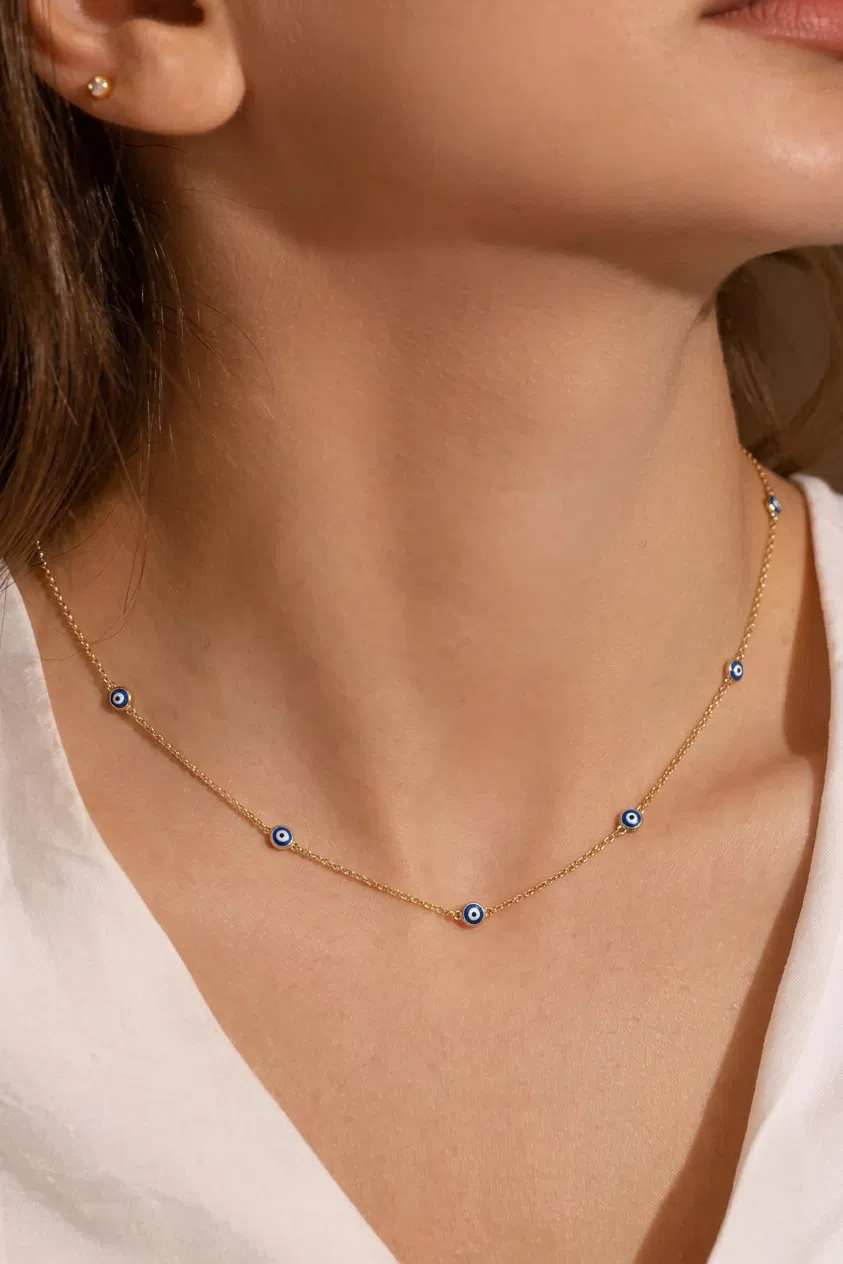 14 K Nazar Bonculuklu Mineli Zincir