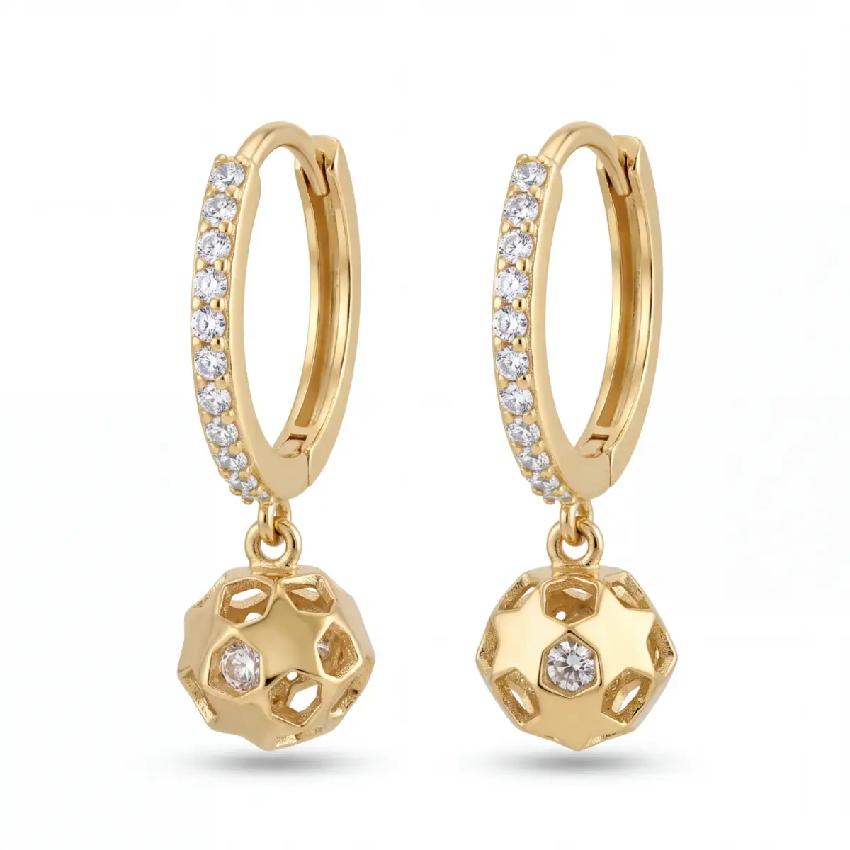 14 K Yıldızlı Top Sallantılı Taşlı Halka Küpe
