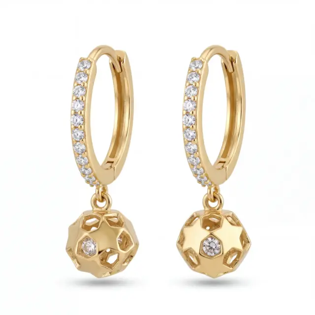 14 K Yıldızlı Top Sallantılı Taşlı Halka Küpe