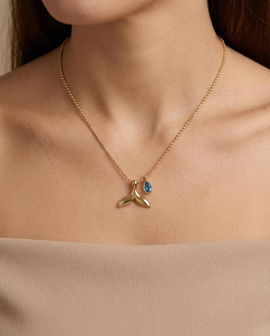 14 K Balina Kuyruğu Damla Aquamarine Kolye