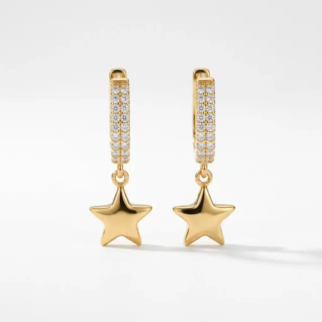 14 K Taşlı U Yıldız Sallantılı Küpe