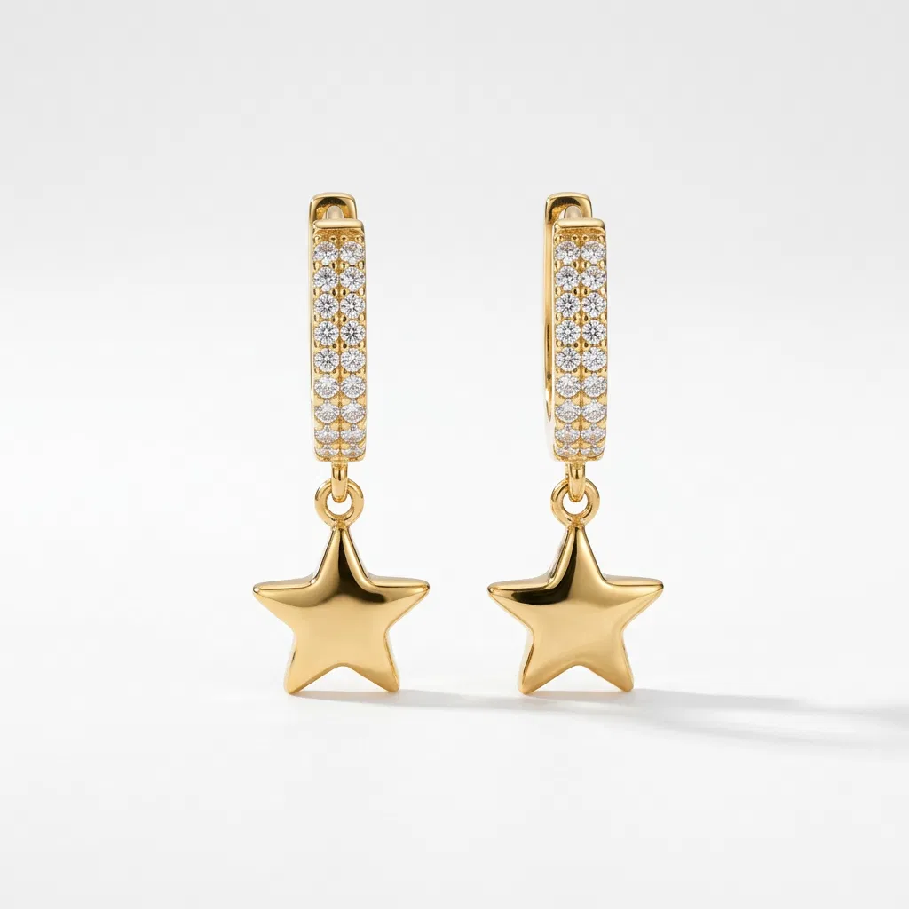 14 K Taşlı U Yıldız Sallantılı Küpe