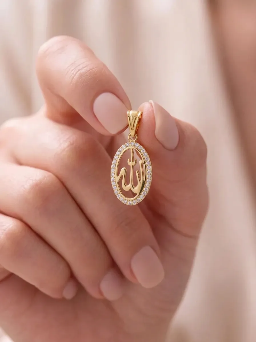 14 K Oval Taşlı Allah Lafzı Döküm Kolye Ucu