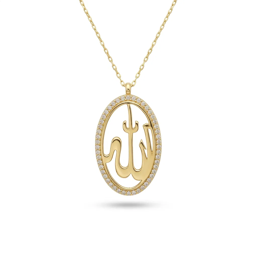 14 K Oval Allah Yazılı Taşlı Kolye