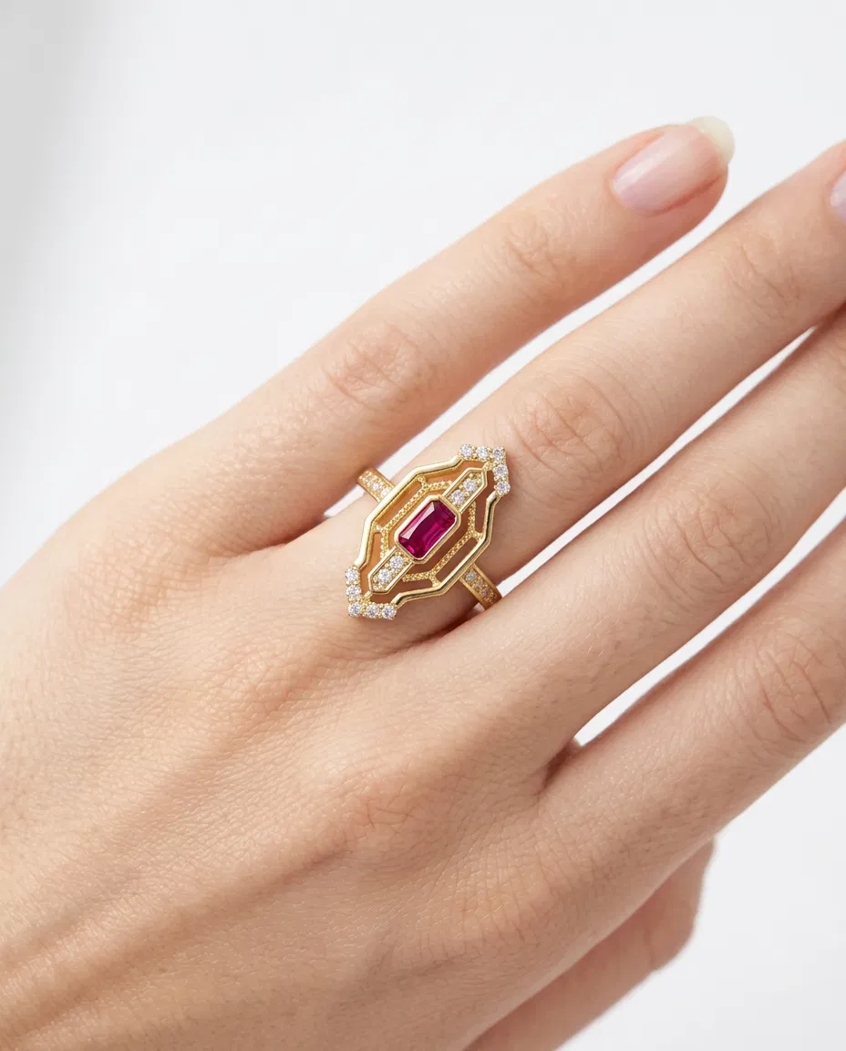 14 K Kraliyet Bordo Baget Taşlı Yüzük