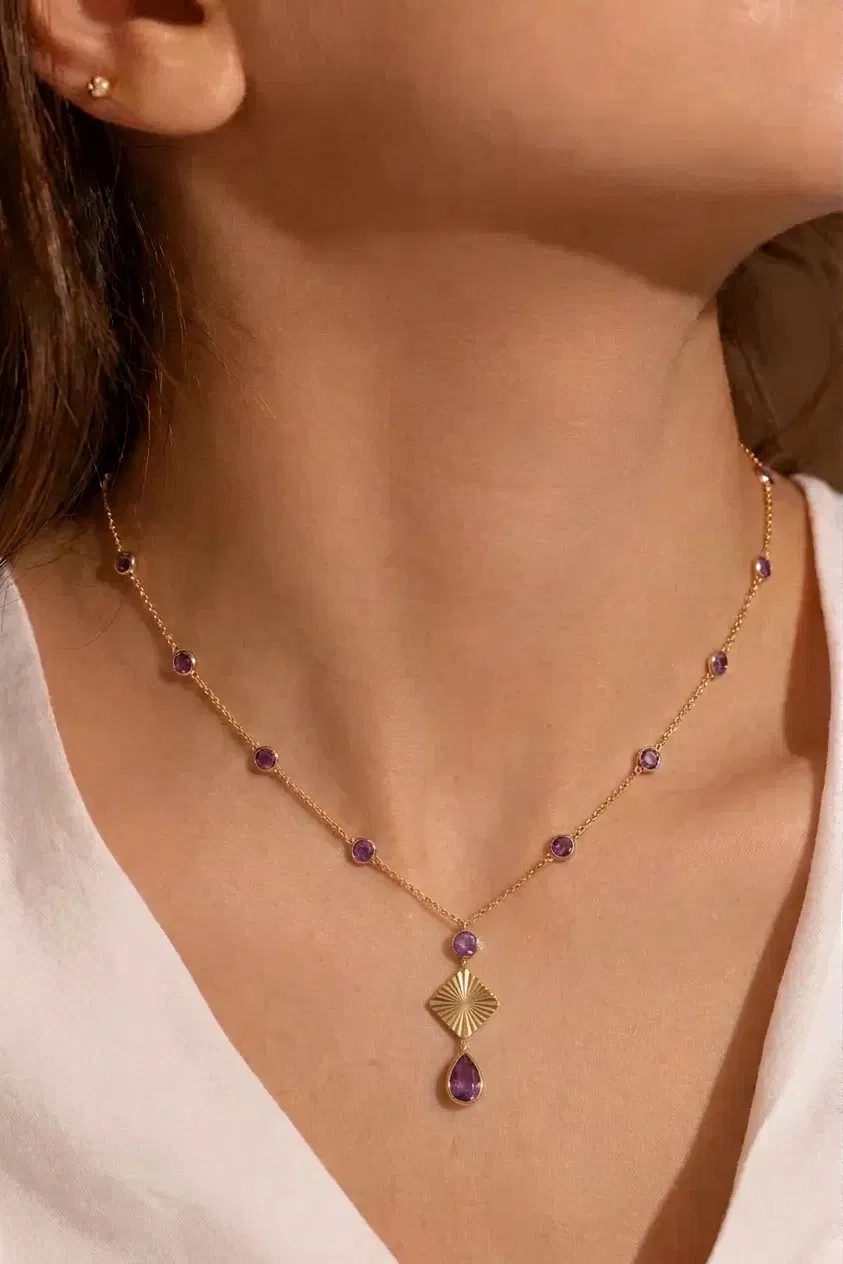 14 K Eflatun Taşlı Zincir