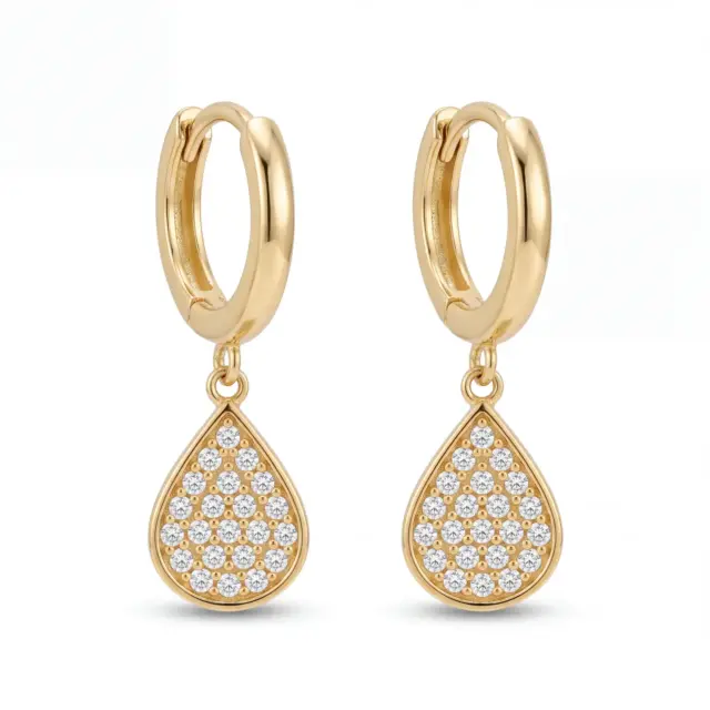 14 K Taşlı Damla Sallantılı Halka Küpe