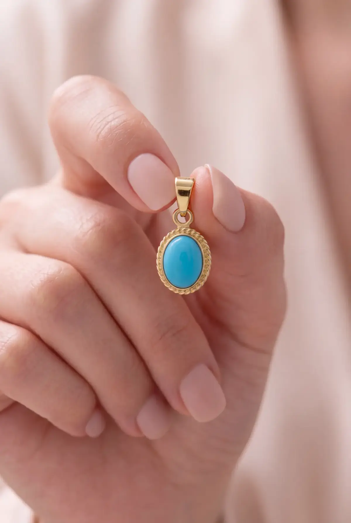 14 K Firuze Oval Taşlı Kolye Ucu