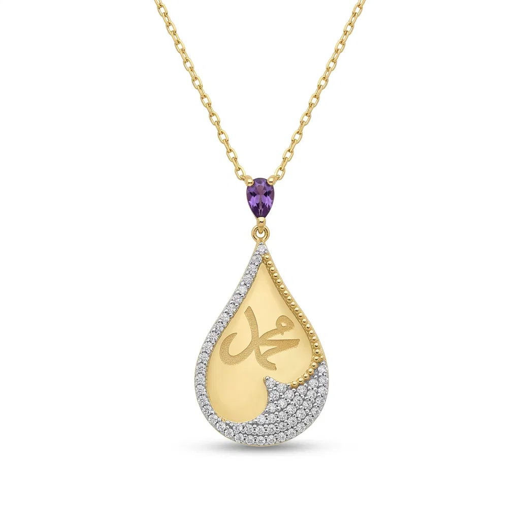 14 K Muhamme (sav.) Yazılı Damla Kolye