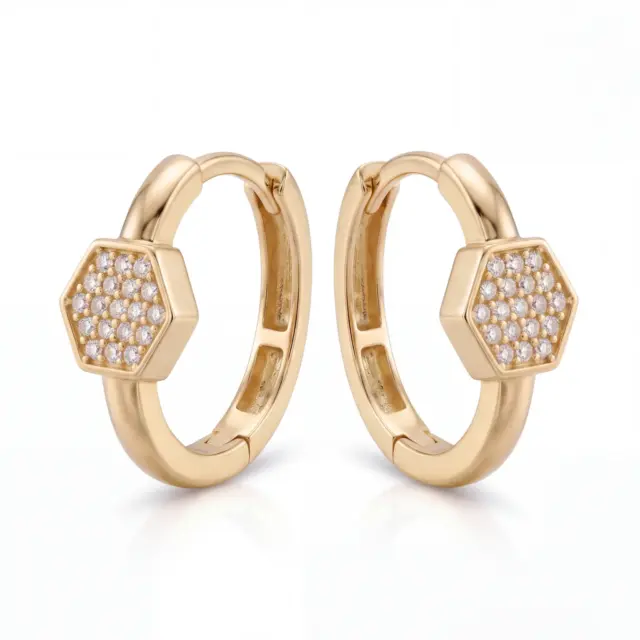 14 K Oval Formlu Altıgen Küpe