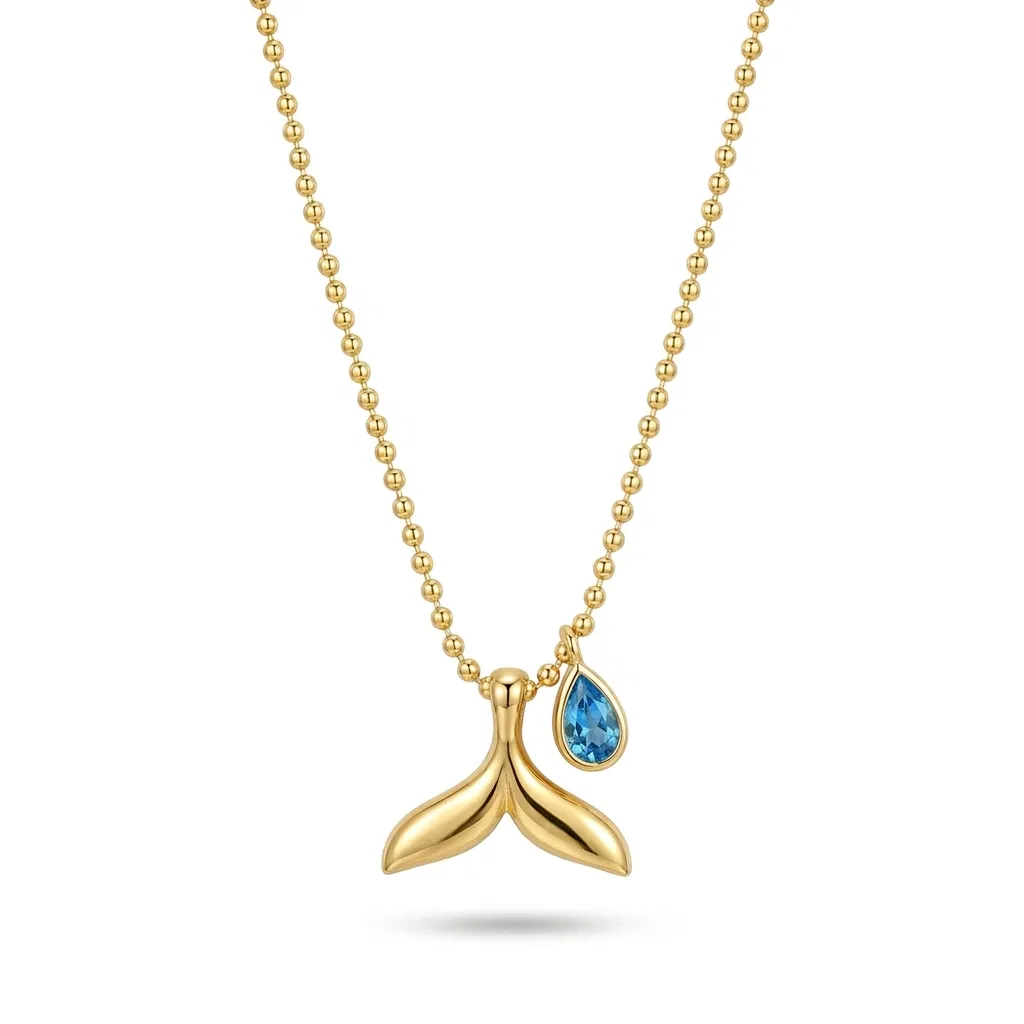 14 K Balina Kuyruğu Damla Aquamarine Kolye