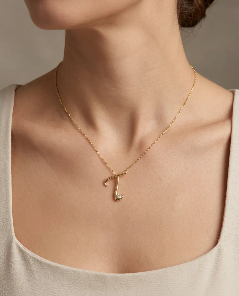14 K T Harfi Tektaşlı Kolye